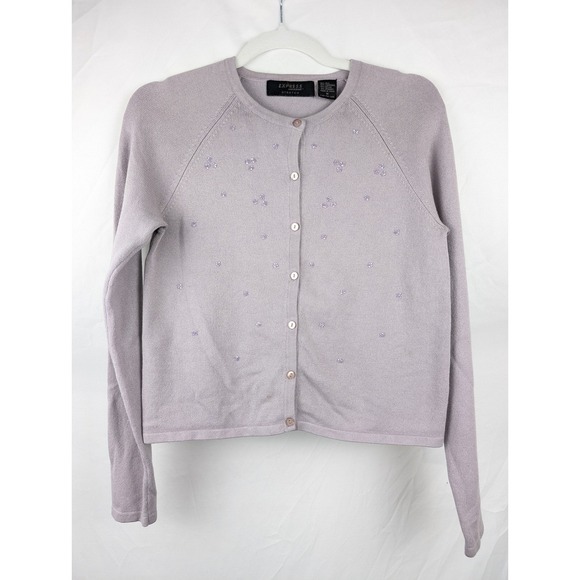 Express Silk Cashmere Lavender Beaded Cardigan Sweater M Cottagecore Fairy Twee - Picture 2 of 10